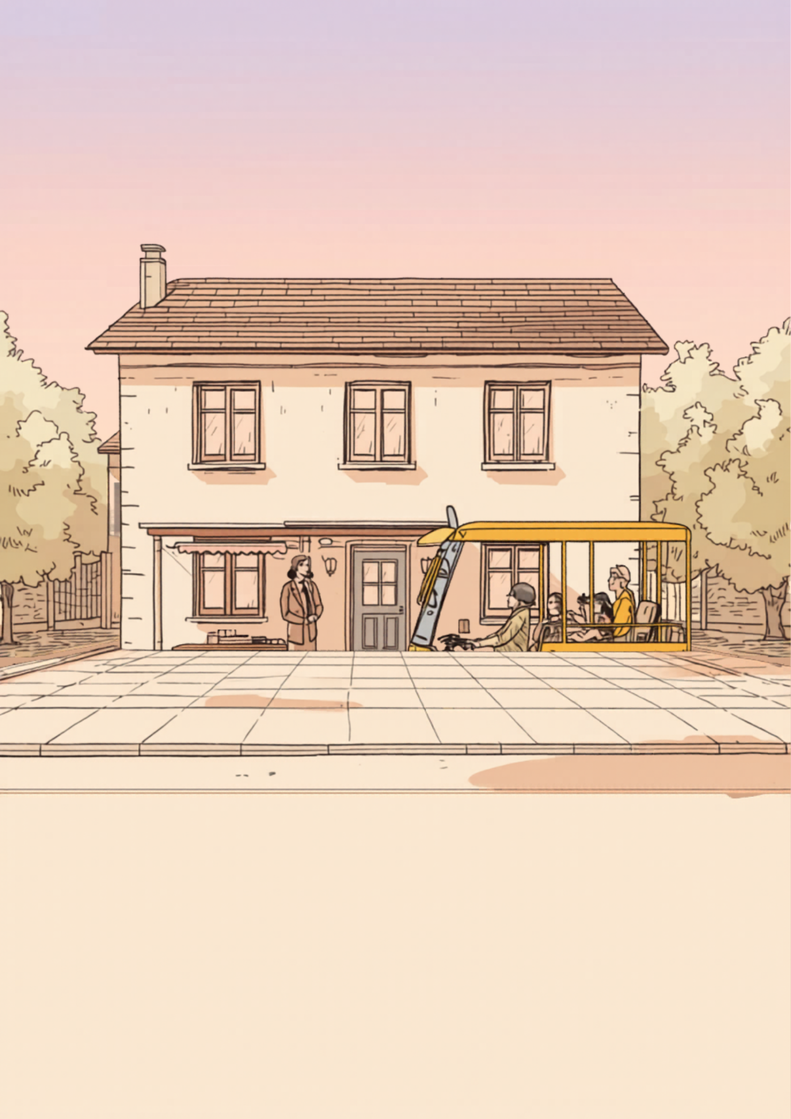 Illustration d'un OuiCycle stationné devant un EHPAD, avec des résidents installés à l'arrière sous l'auvent et un soignant à proximité.