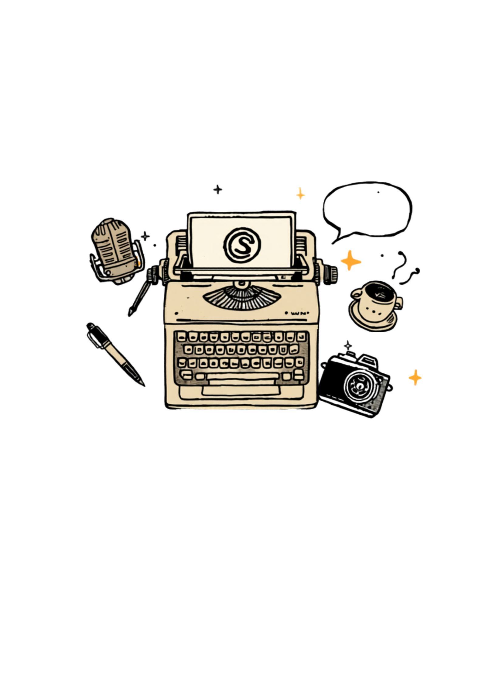 Illustration vintage représentant une machine à écrire entourée d'un micro, d'un appareil photo, d'un stylo, d'une tasse de café et d'une bulle de bande dessinée.