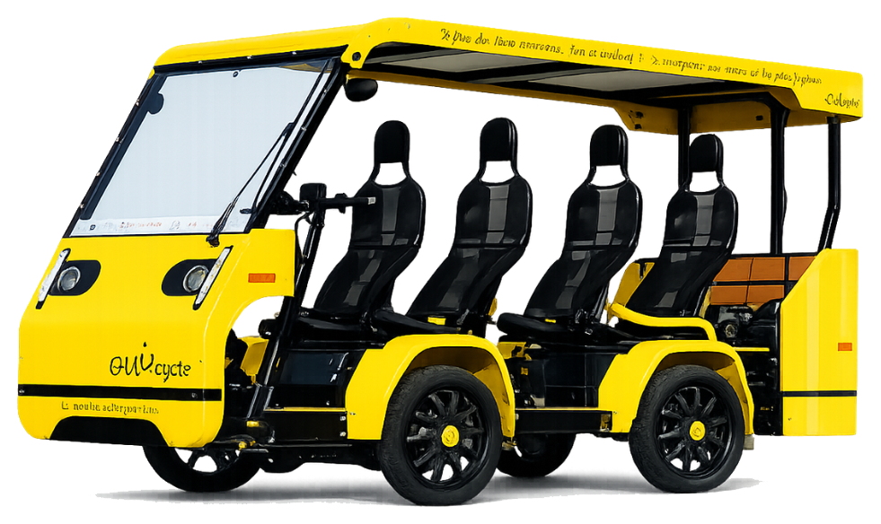 Le OuiCycle, vélo-bus électrique collectif jaune à plusieurs places, vu de trois-quarts.